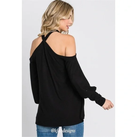 LAST 1! Super Soft Black Cross Neck Cold Shoulder Cuffed Sleeve Top - Picture 6 of 8